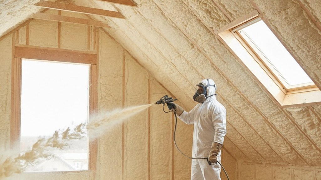 Technician spray-applying closed-cell spray foam insulation into an attic roof deck in St. George, Utah